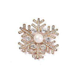 Golden Christmas Snowflake Rhinestone Brooch Pin with Plastic Pearl Beaded, Alloy Brooch for Backpack Clothes, Golden, 45mm