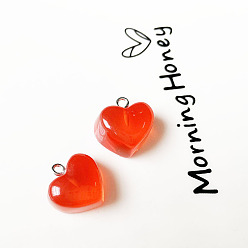 Red Transparent Resin Pendants, with Platinum Tone Metal Loops, Heart, Red, 16x18x10mm
