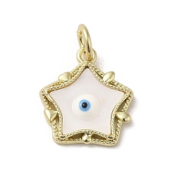 White Evil Eye Enamel Shell Pendants, Brass Star Charms with Jump Rings, Real 18K Gold Plated, White, 17x15x3.6mm, Hole: 3.7mm