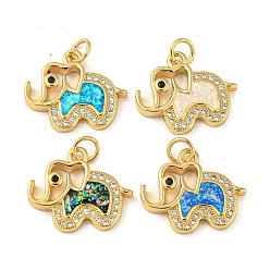 Mixed Color Elephant Brass Pendants Micro Pave Cubic Zirconia with Synthetic Opal, with Jump Rings, Real 18K Gold Plated, Mixed Color, 16x18.5x3.5mm, Hole: 3.5mm