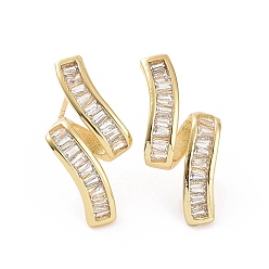 Golden Clear Cubic Zirconia Twist Line Stud Earrings, Brass Jewelry for Women, Golden, 22x11mm, Pin: 0.8mm