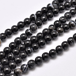 Black Natural Striped Agate/Banded Agate Bead Strands, Dyed & Heated, Round, Grade A, Black, 4mm, Hole: 0.5mm, about 93pcs/strand, 14.7 inch(375mm)