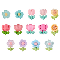 Colorful 28Pcs 14 Styles Opaque & Translucent Floral Resin Cabochons, Kawaii Resin Cabochons for DIY Jewelry Making Scrapbooking Phone Case Decor Hair Accessories Making Hair Clip, Colorful, 24x17mm, 2pcs/style