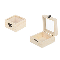 PapayaWhip Wooden Storage Boxes, with Clear Glass Flip Cover & Iron Clasp, Square, PapayaWhip, 8.5x8.5x5cm