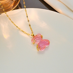 Pink Titanium Steel Coffee Bean Chain Necklaces, Bear with Star Pendant Necklace, for Women, Golden, Pink, 20~23-5/8 inch(51~60cm) 