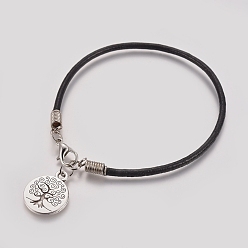 Black Unisex Charm Bracelets, with Cowhide Leather Cord, Tibetan Style Alloy Pendants and Lobster Claw Clasps, Flat Round with Tree of Life, Black, 7-1/4 inch~7-1/2 inch(18.5~19cm)