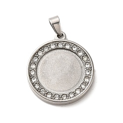 Stainless Steel Color 304 Stainless Steel Pendant Cabochons Settings, with Crystal Rhinestone, Flat Round Charms, Stainless Steel Color, Tray: 15mm, 24.5x21.5x3mm, Hole: 6x3mm