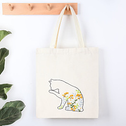 Cat Shape DIY Bohemian Style Canvas Tote Bag Embroidery Starter Kits, including White Cotton Fabric Bag, Embroidery Hoop, Needle, Threads, Cat Pattern, 400x300mm
