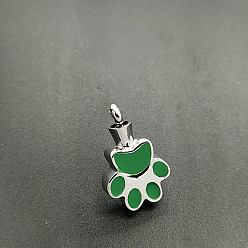 Green Openable Stainless Steel Memorial Urn Ashes Pendants, with Enamel, Paw Print, Green, 26.5x16.5mm