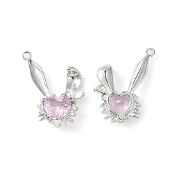 Pink Brass Micro Pave Cubic Zirconia Pendants, Rabbit Head Charm, Real Platinum Plated, Pink, 24x20.5x5mm, Hole: 1.5mm