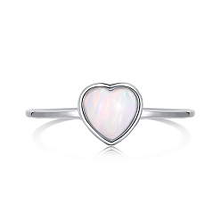 White Rhodium Plated 925 Sterling Silver Open Finger Rings, with Opal for Women, Heart Cuff Ring, Real Platinum Plated, White, 1mm, US Size 7(17.3mm)