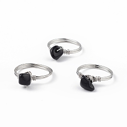 Black Agate Natural Black Agate Chips Finger Ring, Platinum Brass Wire Wrap Jewelry for Women, Inner Diameter: 18mm