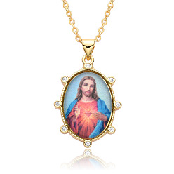Pink Religion Theme Resin Oval with Rhinestone Pendant Necklace, Golden Brass Necklace, Pink, 19.69 inch(50cm)
