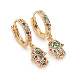 Golden Brass Micro Pave Cubic Zirconia Huggie Hoop Earrings, Long-Lasting Plated, Hamsa Hand/Hand of Fatima/Hand of Miriam, Colorful, Golden, 29.5mm, Pin: 1mm