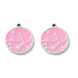 Бледно-Розовый 304 прелести нержавеющей стали, с эмалью, плоский круглый шарм, розовый жемчуг, 13.5x12x1.5 мм, отверстие : 1 мм