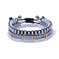FK1486 Natural Rectangle Amethyst Bracelet with Black Onyx Beaded Wheel and Braided Set for Men