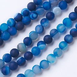 Royal Blue Natural Grade A Striped Agate/Banded Agate Beads Strands, Dyed & Heated, Frosted, Round, Royal Blue, 10mm, Hole: 1.2mm, about 47pcs/strand, 14.9 inch(38cm)