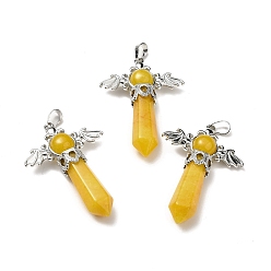 Yellow Jade Natural Yellow Jade Pendants, Angel Charms, with Rack Plating Platinum Tone Brass Findings, Cadmium Free & Lead Free, 52~53x37x11mm, Hole: 8x5mm