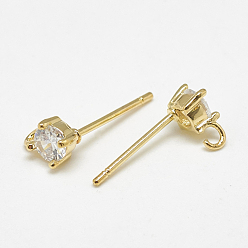 Real 18K Gold Plated Brass Stud Earring Findings, with Loop, Cubic Zirconia, Clear, Real 18K Gold Plated, 6.5x4mm, Hole: 1.5mm, Pin: 0.7mm