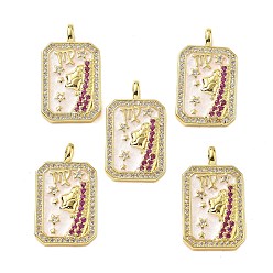 Дева Подвески из латуни микропаве с фианитами и эмалью, созвездие с прямоугольником, стойки покрытие, долговечный, без свинца и без кадмия, реальный 18 k позолоченный, Дева, 25x14.5x4 мм, отверстие : 3.5x2.5 мм