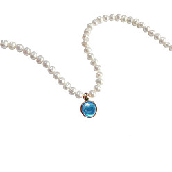 Темно-Голубой Стеклянные плоские круглые ожерелья с подвесками в стиле камня, с цепочками из бисера с имитацией жемчуга, глубокое синее небо, 15.75 дюйм (40 см)