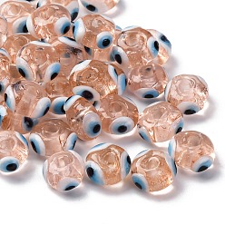 Light Salmon Handmade Evil Eye Lampwork Beads, Flat Round, Light Salmon, 9~10x6mm, Hole: 3mm