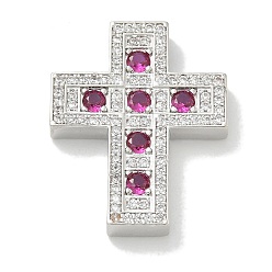 Темно-Розовый Стойка металлическая латунная микропрофилированная кубическая циркония подвески, долговечный, без свинца и без кадмия, крест прелести, темно-розовыми, 28x22.5x4.5 мм, отверстие : 2.5x4.5 мм