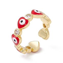 Red Heart with Evil Eye Enamel & Clear Cubic Zirconia Open Cuff Ring, Real 18K Gold Plated Brass Jewelry for Women, Lead Free & Cadmium Free, Red, US Size 6 1/4(16.7mm)