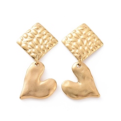 Golden 304 Stainless Steel Heart with Rhombus Dangle Stud Earrings for Women, Golden, 37mm, Pin: 0.8mm