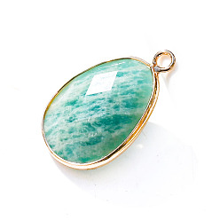Amazonite Natural Amazonite Pendants, Faceted Teardrop Charms, Golden, 23x18mm
