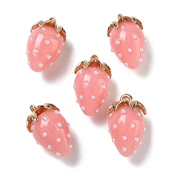 Pink Resin Pendants, Strawberry Charm, with Alloy, Golden, Pink, 21x12.5x12mm, Hole: 1.5mm