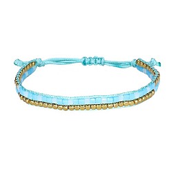 8 Lake Blue Bohemian Style Handmade Crystal Beaded Bracelet - Copper Beads, Woven, Wax Thread.