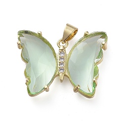 Dark Sea Green Brass Micro Pave Clear Cubic Zirconia Pendants, with Glass, Butterfly, Golden, Dark Sea Green, 20x26.5x5mm