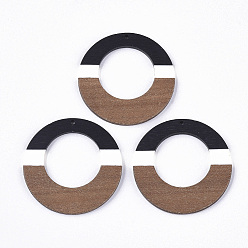 Black Resin & Walnut Wood Pendants, Tri-color, Flat Round, Black, 49x3~3.5mm, Hole: 2mm