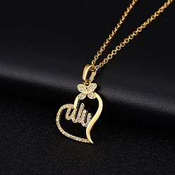 Heart Golden Brass Cubic Zirconia Pendant Necklace, with Stainless Steel Cable Chains, for Ramadan & Eid Mubarak, Heart, 19.69 inch(50cm)