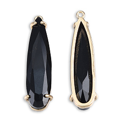 Black Opaque K9 Glass Pendants, with Light Gold Plated Brass Findings, Cadmium Free & Lead Free, Faceted, Teardrop, Black, 32x9x6mm, Hole: 1.2mm
