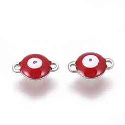 FireBrick 304 Stainless Steel Enamel Links connectors, Flat Round with Evil Eye, Stainless Steel Color, FireBrick, 14.5x10x4.5mm, Hole: 1.4mm