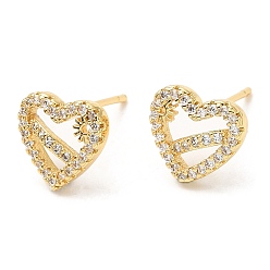 Real 18K Gold Plated Rack Plating Brass Heart with Flower Stud Earrings with Cubic Zirconia, Lead Free & Cadmium Free, Real 18K Gold Plated, 9.5x10mm