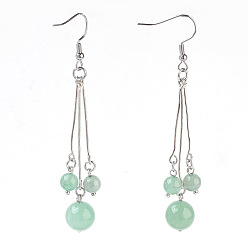 Green Aventurine Natural Green Aventurine Dangle Earrings, with 304 Stainless Steel Earring Hooks and Iron Eye Pins, Round, 77~78mm, Pendant: 57~58mm, Pin: 0.6mm