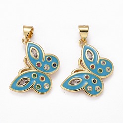 Dark Cyan Brass Micro Pave Clear Cubic Zirconia Pendants, with Enamel, Long-Lasting Plated, Real 18K Gold Plated, Butterfly, Dark Cyan, 15.5x19.5x2.5mm, Hole: 3x4mm