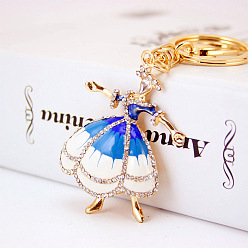Blue KC Gold Tone Plated Alloy Keychains, with Crystal Rhinestone and Enamel, Ballet Dancer, Blue, 12.4cm