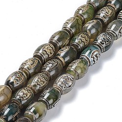 Roc/Peng Pattern Tibetan Style dZi Beads Strands, Natural Agate Beads, Dyed & Heated, Oval, Roc/Peng Pattern, 13~14x9.5~10mm, Hole: 1.2mm, about 25pcs/strand, 13.39''(34cm)