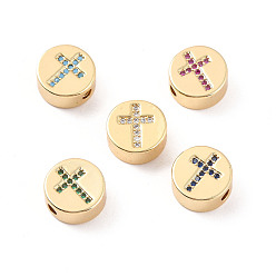 Mixed Color Rack Plating Brass Micro Pave Cubic Zirconia Beads, Cadmium Free & Lead Free, Real 18K Gold Plated, Flat Round with Cross Pattern, Mixed Color, 11x5mm, Hole: 2mm