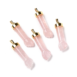 Розовый Кварц Природного розового кварца подвески, с фурнитурой латунной золотого тона, форма кулака, 45x12x10 мм, отверстие : 4.5x7.5 мм