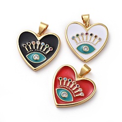 Mixed Color Brass Micro Pave Cubic Zirconia Pendants, with Enamel, Heart with Eye, Golden, Mixed Color, 19x19.5x2.5mm, Hole: 3.5x5mm