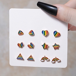 Colorful 6 Pairs 6 Style Rainbow Pride Flag Alloy Enamel Stud Earrings, Star & Rainbow & Heart, Colorful, 6~9x7~13mm, 1 Pair/style
