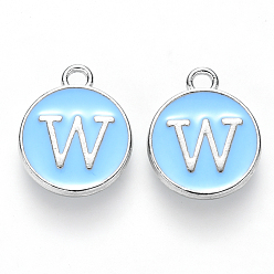 Letter W Platinum Plated Alloy Enamel Charms, Cadmium Free & Lead Free, Enamelled Sequins, Flat Round with Letter, Sky Blue, Letter.W, 14x12x2mm, Hole: 1.5mm