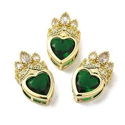Dark Green Rack Plating Brass Cubic Zirconia Pendants, with Glass, Long-Lasting Plated, Lead Free & Cadmium Free, Real 18K Gold Plated, Heart, Dark Green, 21.5x13x8mm, Hole: 6x3mm and 4.5x3mm