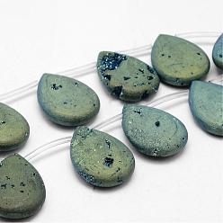Green Plated Electroplated Natural Quartz Crystal Beads Strands, Top Drilled Beads, Druzy Geode Crystals, Teardrop, Green Plated, 29~30x22x8mm, Hole: 1.5mm, about 6pcs/strand, 6.2 inch
