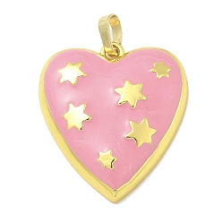 Pink Подвески из латуни с эмалью в стойку, долговечный, без свинца и без кадмия, сердце со звездными подвесками, реальный 18 k позолоченный, розовые, 27x24x5.5 мм, отверстие : 3.5x5 мм